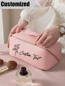 Personalized Women's Real Leather Cosmetic Bag, Customizable Name Travel Makeup Bag, Customizable Toiletry Bag, Large Zipper Opening Cosmetic Bag, Reusable Makeup Bag, Skincare Set Cosmetic Bag Packaging Box