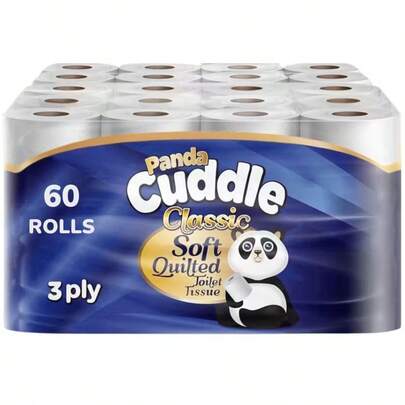 Panda Cuddle 3-Ply Toilet Tissue 60 Rolls Classic Soft Quilted - 12 X 5 Rolls (Total 60 Rolls) Super Soft Luxuriously Quilted