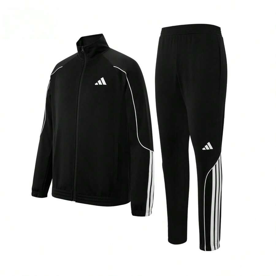 Adidas 2pcs Men's Knit Tracksuit Set, Stand Collar Jacket And Sweatpants - Black and White - View 1