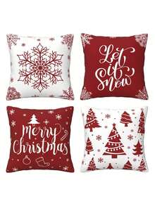 4pcs Merry Christmas Pillow Covers, Snowflake Pattern, Christmas Tree Home Decor, Living Room Outdoor Sofa Single-Sided Design, Pillow Inserts Not Included - Red and White - View 8