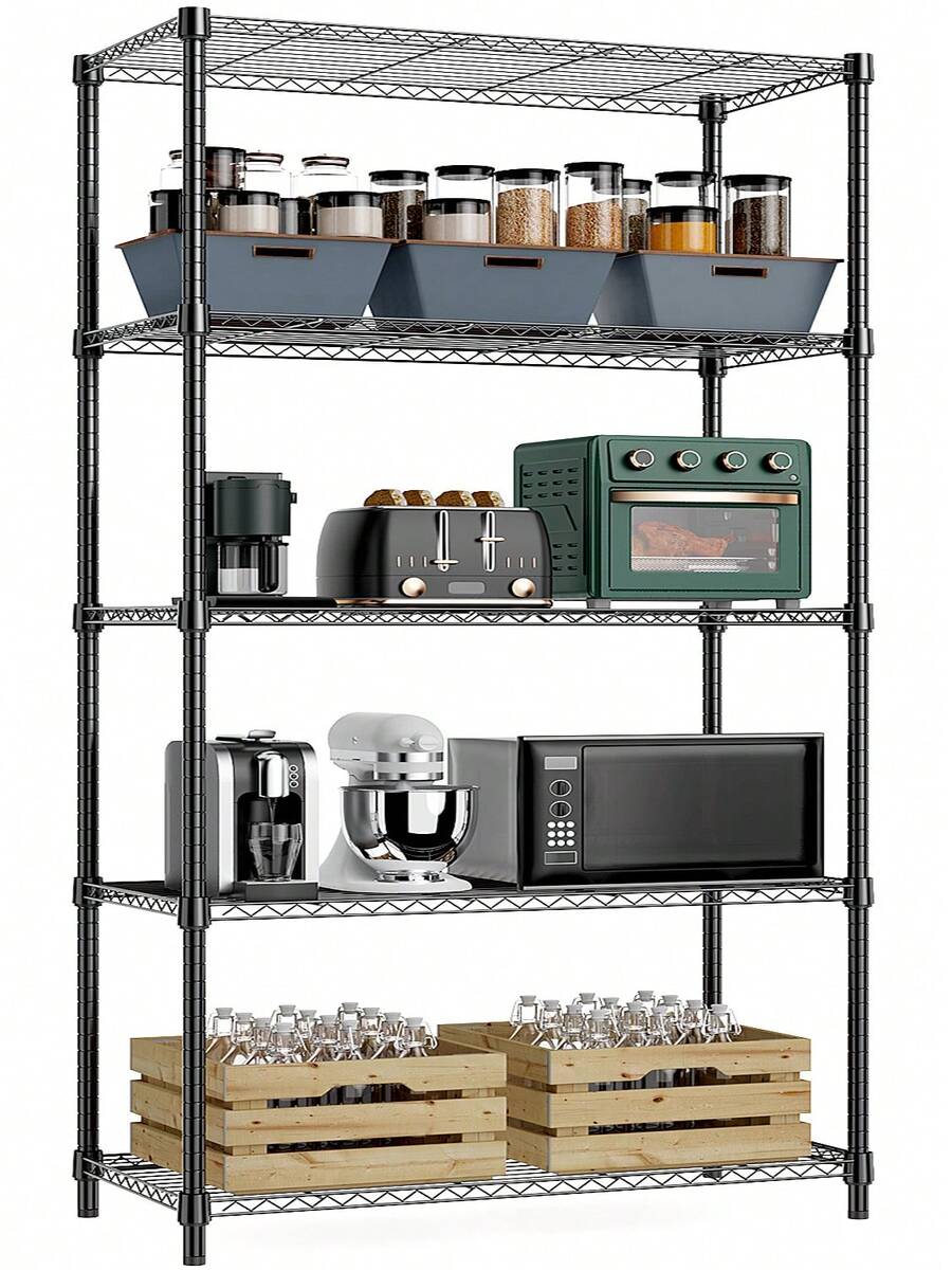 M MZG 1250 Lbs/1000 Lbs Heavy Duty Storage Shelf,  NSF-Certificate Industrial Metal Steel Wire Shelving Unit For Garage, Pantry, Laundry Room & Kitchen Organization, Easy Assembly Metal Rack, Black 13.8" D X 35.4" W - 黑色 - 查看 1