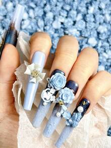 30片法式蓝色柔和花卉美甲装饰品，包括牡丹、山茶花和小玫瑰叶，适合DIY手工美甲配件 - 藍色 - 查看 4