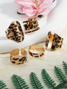 5pcs/Set Fashionable Leopard Print & Geometric Hollow Open Ring Set, Suitable For Daily Wear And Combination - Multicolor - View 2