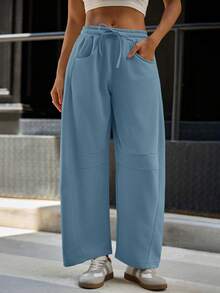 Fisoew Pantalones deportivos de pierna ancha para mujer: pantalones casuales con cintura elástica y cordón ajustable, con bolsillos, cómodos para estar en casa y para el día a día. - Azul - Ver 3