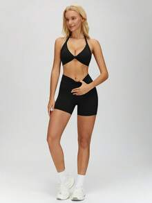 MASKERT Pantaloncini sportivi da donna a vita alta con vita attorcigliata, aderenti e modellanti, che sollevano e snelliscono il lato B, adatti per yoga e fitness, colore nero, per l'estate - nero - Visualizzare 7