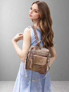 Women's PU Leather Retro Backpack Casual Shoulder Bag Fashion Messenger Bag  School Bookbag For Students - 棕色 - 查看 2