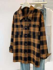 Women's Plaid Shirt With Notch Lapel Front Button Casual Long Sleeve Top With Pockets For Fall Winter Spring,Plus Size Women Clothes - Brown - View 3