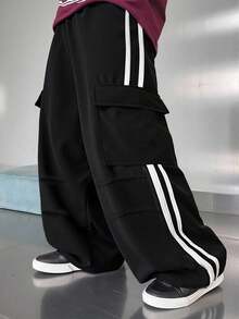 1件装 男童/青少年 舒适百搭 休闲户外 宽松 个性化侧袋 撞色直筒多口袋工装裤，春/夏/秋/冬 - 黑色 - 查看 5