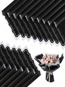 20 piezas de papel de envolver con diseño floral, papel de embalaje para ramos, papel de envolver estilo coreano con bordes dorados, adecuado para manualidades DIY, embalaje de regalos, decoración floral, 23 X 23 pulgadas, papel de seda, suministros para ramos - diamante negro - Ver 1