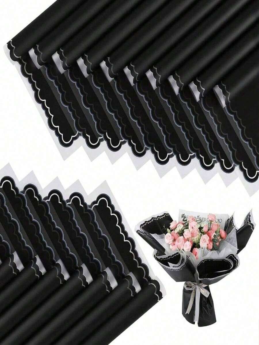 20 piezas de papel de envolver con diseño floral, papel de embalaje para ramos, papel de envolver estilo coreano con bordes dorados, adecuado para manualidades DIY, embalaje de regalos, decoración floral, 23 X 23 pulgadas, papel de seda, suministros para ramos - diamante negro - Ver 1