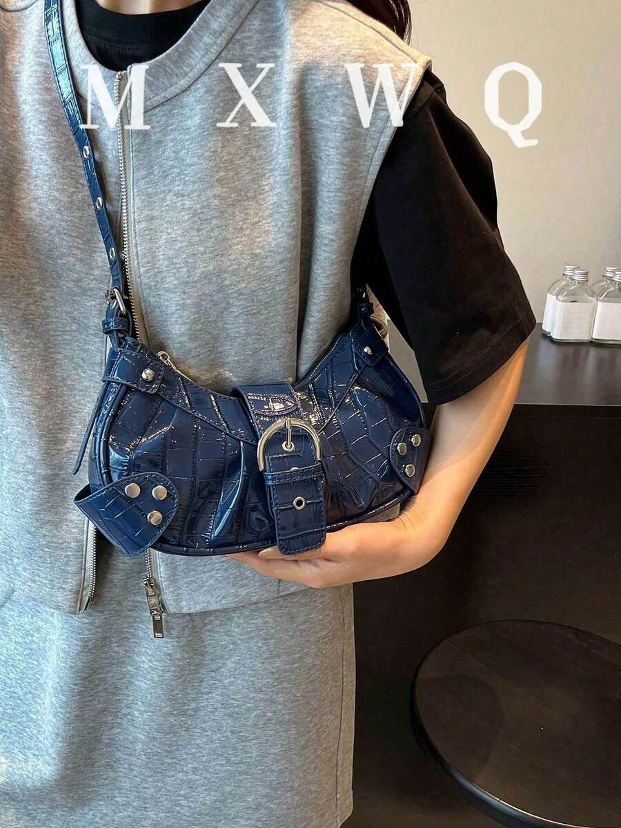 Bolso de motocicleta vintage punk con remaches para mujer, bolso de un hombro bajo el brazo para trabajo y desplazamientos - Azul Marino - Ver 1