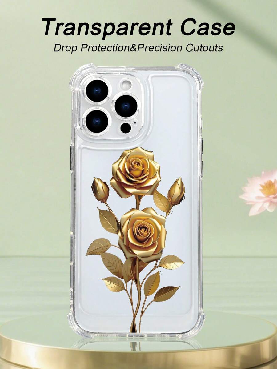 1 pieza Funda de teléfono con diseño de ramo de rosas doradas sobre fondo claro, estilo elegante y sofisticado, funda transparente resistente a golpes, ligera y con corte preciso, compatible con iPhone 17/16/15/14/13/12/11/XS/XR/X/PLUS/PRO/PROMAX, compatible con Galaxy A34/A35/A54/A55, Galaxy S20/S21/S22/S23/S24 Ultra/Plus, compatible con Moto/Galaxy/Redmi/Honor/OPPO, regalo de fiesta - transparente - Ver 1