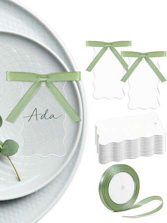 20/50pcs Acrylic Wedding Place Cards (Blank Fan Design), DIY Transparent Acrylic Name Cards With Green Satin Ribbon, Suitable For Wedding Party Celebration