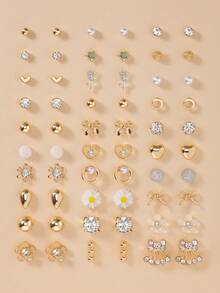 30 Paar modischer Ohrringe Set für Frauen, Gänseblümchen, Herzform, Kunstperle, Strass, verschiedene Stile, geeignet für den täglichen Lässig-Stil, Geschenk für Feiertage - Goldgelb - Übersicht 1