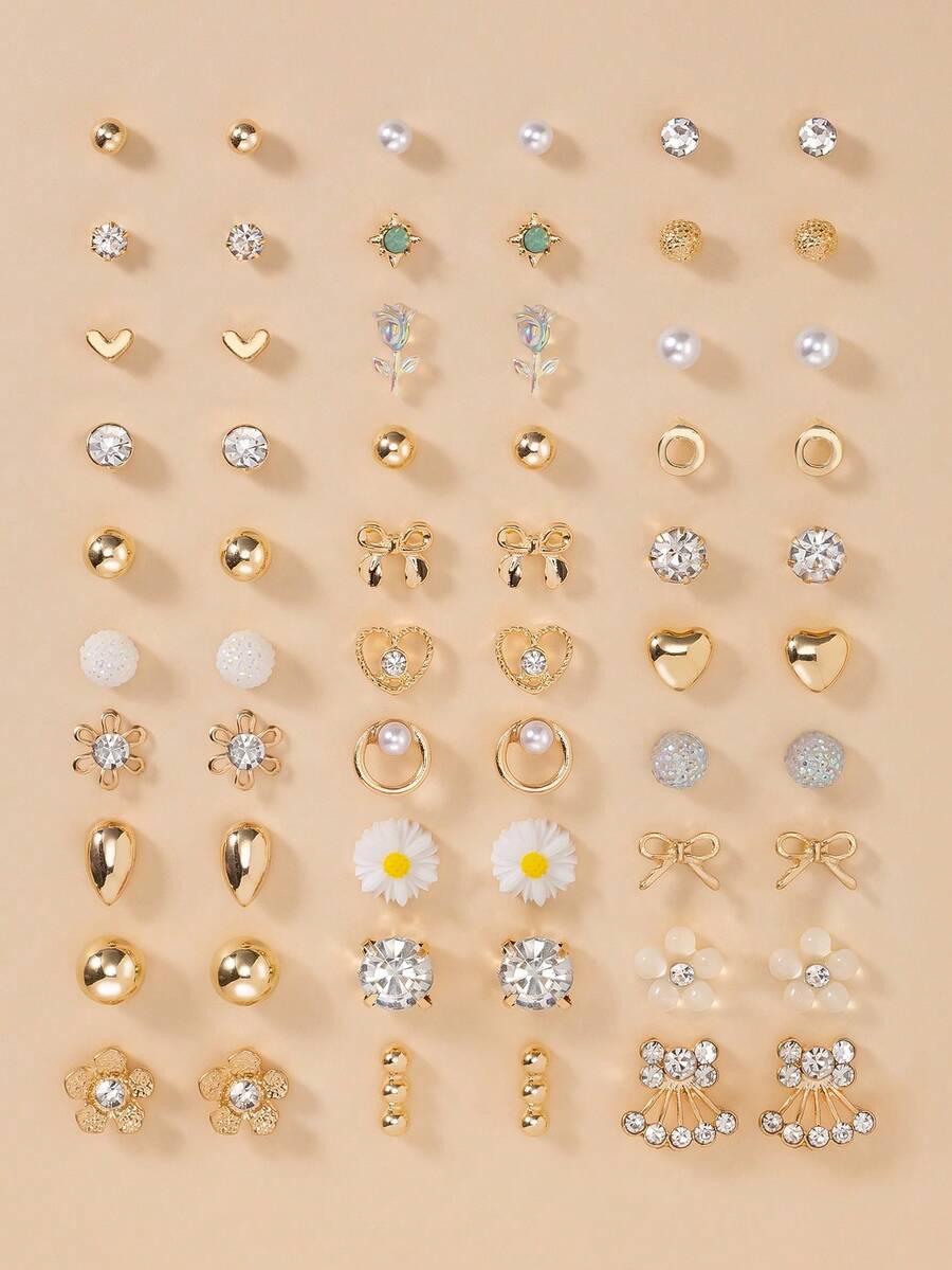 30 Paar modischer Ohrringe Set für Frauen, Gänseblümchen, Herzform, Kunstperle, Strass, verschiedene Stile, geeignet für den täglichen Lässig-Stil, Geschenk für Feiertage - Goldgelb - Übersicht 1