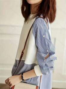 1件条纹拼接撞色罗纹纽扣女式衬衫，日常穿着，春秋季，白色、黑色、蓝色、粉色、绿色、黄色 - 白色 - 查看 4