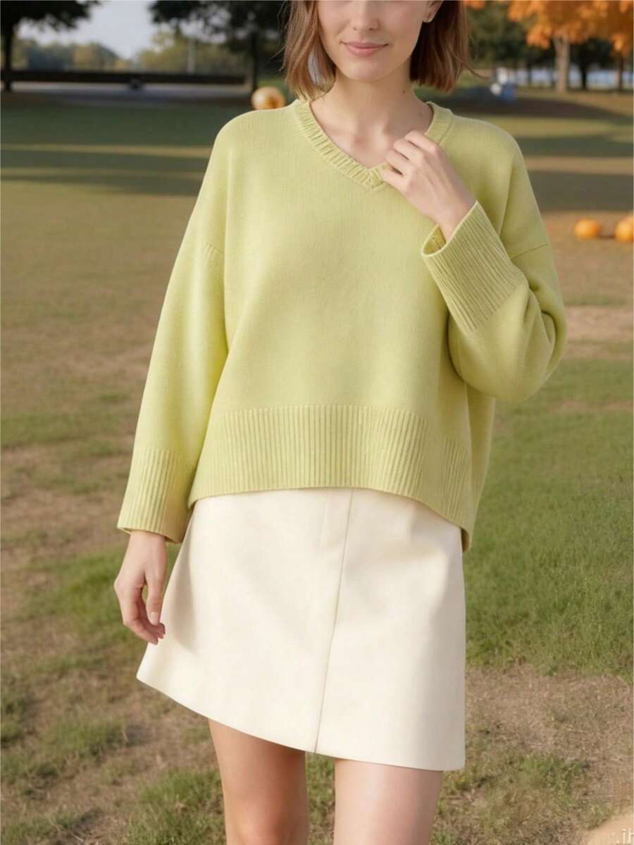 conciso Women V-Neck Drop Shoulder Knitted Sweater Top, Spring/Autumn - Yellow - View 1