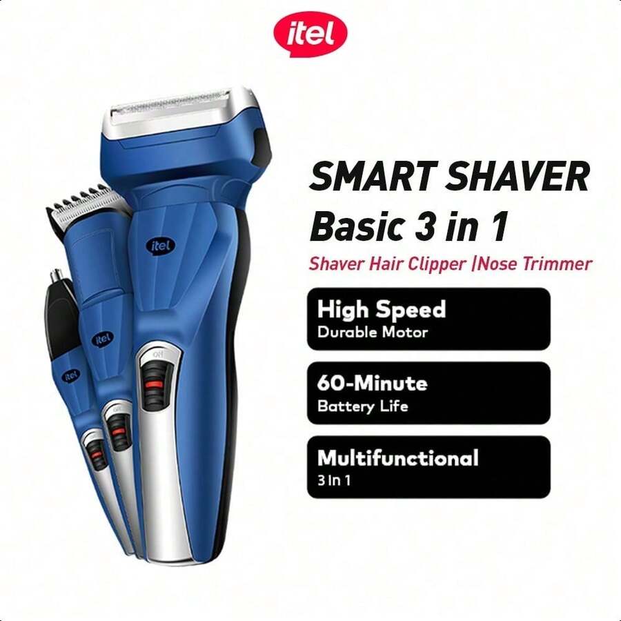 itel ISS-13 3-In-1 Electric Shaver, High-Quality Nose Hair Trimmer, Hair Clipper, Fast Shaving Without Dead Angles, Powerful, Durable And Long-Lasting - Blue - View 1