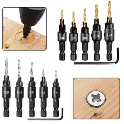 5件套沉头钻头组，适用于#5、#6、#8、#10、#12螺丝尺寸的锥形沉头钻头，用于在木工中钻导向孔，高速钢通用沉头钻头，适用于铝、塑料和木材的导向孔。