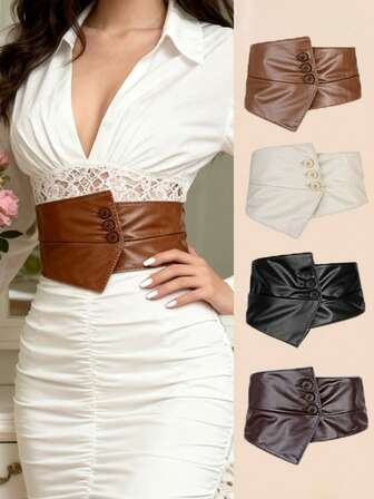 1pc The Waistband Is Paired With A Wide, Elastic Waist Belt. It Is Versatile And Fashionable, And Can Be Matched With Shirts, Dresses And Suits. It Has Three Button Waistbands