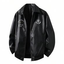 Rich Soon" Embroidered Leather Jacket, Retro American Style Lapel Zipper Jacket, Niche Design High Street Autumn/Winter Top - Black - View 15