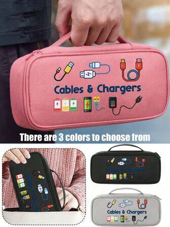 Electronics Organizer Travel Case With Printed Data Cable And Power Bank Graphics, Carrying Bag For Travel Essentials - Multi-Compartment Digital Storage Bag With Zipper Closure, Portable Electronic Accessories Organizer For Charging Cables, External Hard Drives And Power Bankscharger Case Power Bank Phone Charger Digital Camera Accessories Ideal For Business Travelers Back To School Supplies