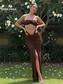 Women's Sexy Ruched Bandeau Swimsuit Bubble Strapless 3 PiecesBikini Sets White High-Cut Maxi Skirt Swimsuit Luxury Resort Wear Beach Outfit