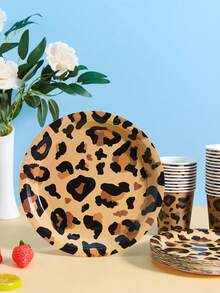 75/25/10pcs Brown Leopard Print Disposable Plates And Paper Cups, Party Supplies For 25 Guests, Disposable Paper Plates Party Tableware Suitable For Birthday, Wedding, Party, Family Picnic - Multicolor - View 3