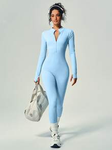 UONNOU 1 Piece 连体衣 连体运动服 蜜桃臀 提腰 收腹 瘦腿 全身塑身 拉链半开 长袖 拇指孔设计 小立领 适合运动 滑雪 骑行 健身房 瑜伽 球类运动 锻炼 室内外 日常休闲 无缝罗纹针织面料 运动服 秋冬款 - 水藍色 - 查看 10