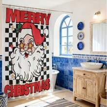 1 件复古红黑格子圣诞老人涤纶浴帘 - 防水防霉，印有“圣诞快乐”字样 - 节日浴室装饰