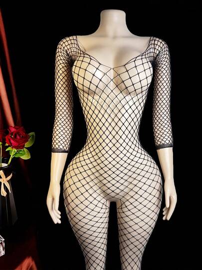 1pc Sexy Lingerie Women's Carnival Clothing, Holiday Love Clothing, Jumpsuit Pajamas, Transparent Mesh Fishing Net Jumpsuit Socks, Crochet Transparent Love Jumpsuit, Suitable For Valentine's Day Lovers, Partners, Date Gift Sets, Pajamas, Underwear Wearing