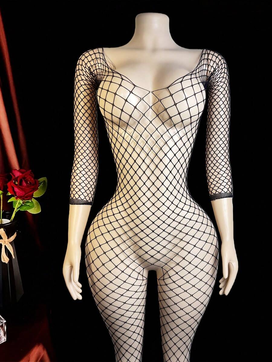 1pc Sexy Lingerie Women's Carnival Clothing, Holiday Love Clothing, Jumpsuit Pajamas, Transparent Mesh Fishing Net Jumpsuit Socks, Crochet Transparent Love Jumpsuit, Suitable For Valentine's Day Lovers, Partners, Date Gift Sets, Pajamas, Underwear Wearing - Black - View 1