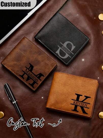 Customizable Men's Wallet, Personalized Name Card Holder, Business Style, Multi-Card Slot Contrast Color Small Wallet, Credit Card Wallet, Bifold Wallet With ID Window, Men's Casual PU Wallet, Card Slot, Zipper Coin Purse, Wallet, Men's Wallet, Men's Coin Purse, Short Bifold Wallet, Artistic Letter Design, Men's Fashion Accessory, Valentine's Day Gift, Father's Day Gift