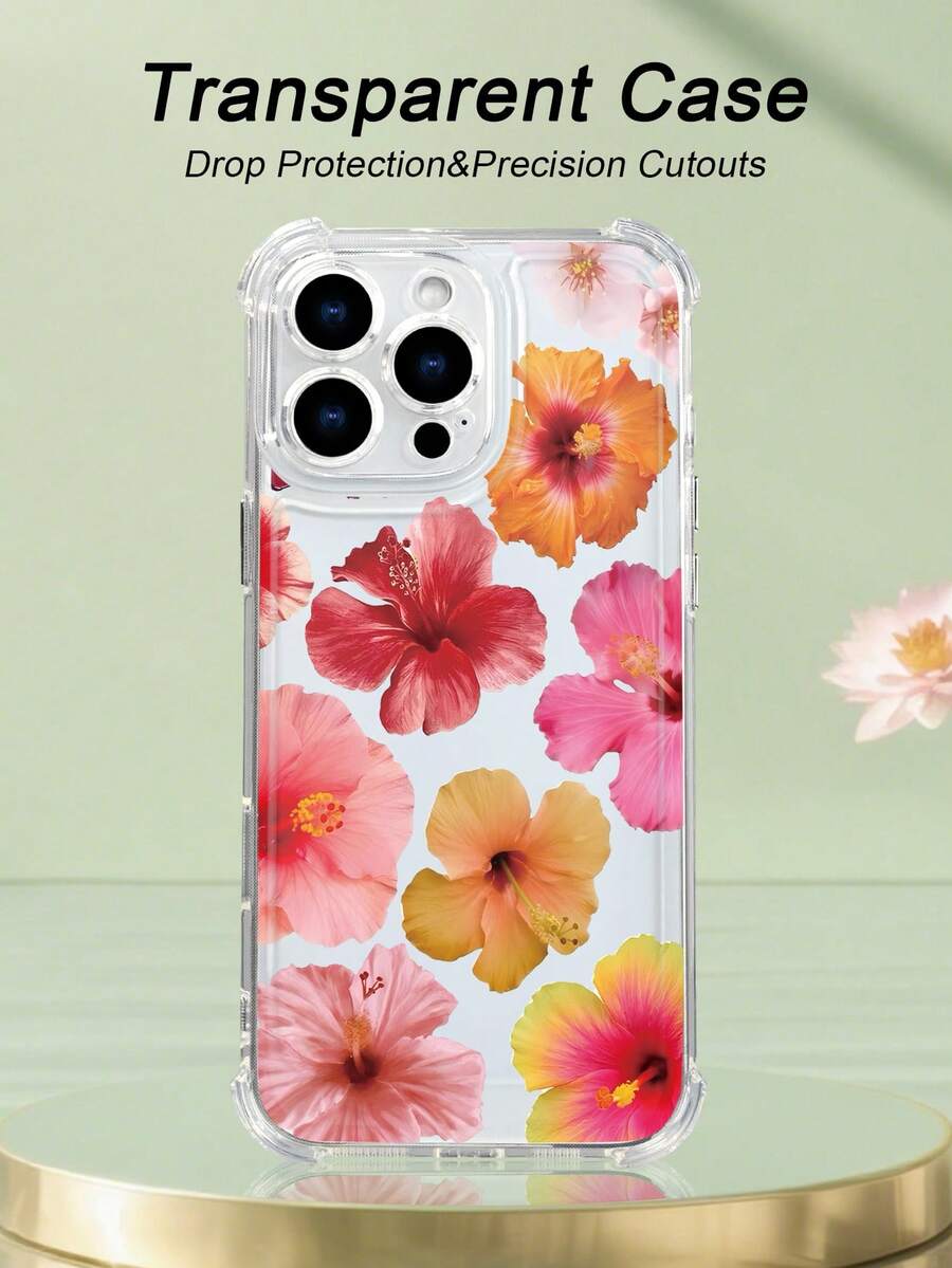 1 pieza Funda de teléfono con diseño de flores de hibisco tropicales en colores vibrantes, estilo exótico y fresco ideal para amantes de la naturaleza y regalos de verano, funda transparente resistente a golpes, ligera y con corte preciso, compatible con iPhone 17/16/15/14/13/12/11/XS/XR/X/PLUS/PRO/PROMAX, compatible con Galaxy A34/A35/A54/A55, Galaxy S20/S21/S22/S23/S24 Ultra/Plus, compatible con Moto/Galaxy/Redmi/Honor/OPPO, regalo de fiesta - transparente - Ver 1