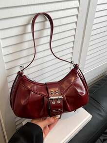 1pc Women's Retro Punk Riveted Adjustable Shoulder Strap Tote Bag, Soft Distressed Vegan Leather, Gradient Color, Large Capacity For Work, Commute, Date, Party , Goth , Punk - Burgundy - View 6