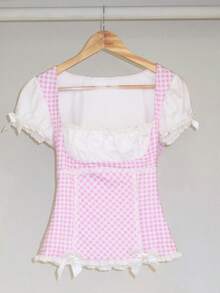 Kawaill Lolita Style 2 Piece Set Outfits Y2k Gingham Puff Short Sleeves Crop Tops + Lace Trim Mini Dress Women Sweet Outfits - 粉色 - 查看 4