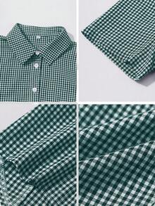 阳光少女风夏季女装，Y2K返校必备单品，包含1件纯棉修身翻领短袖纽扣设计绿色格子学院风衬衫 - 綠色 - 查看 11