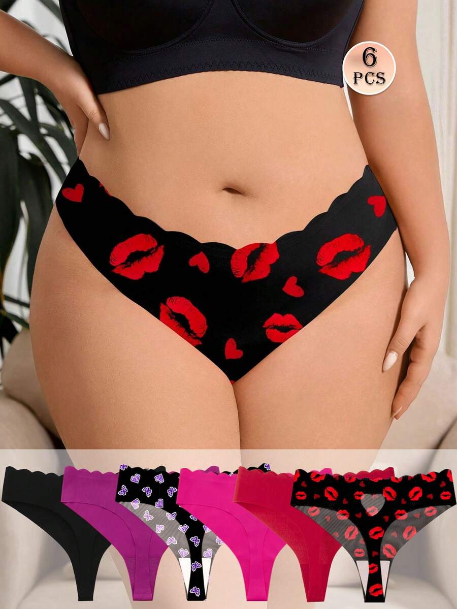6 Pcs Women Plus Size Sexy Cute Hollow Out Love Shape Sexy Thong, Pink Stretchy Panties, Women's Lingerie & Underwear