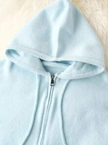 Women's Soft Light Blue Zip-Up Hoodie - Casual Fashionable Long Sleeve Cardigan, Stretchy & Comfortable For Autumn/Winter, Ribbed Details Design, Button Closure, Breathable Fabric, Pullover, Essential For Fall - Baby Blue - View 3