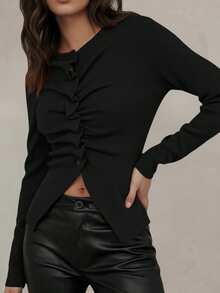 女士新款褶裥前襟单排扣长袖修身针织开衫，优雅简约时尚休闲风格，秋冬黑色 - 黑色 - 查看 2