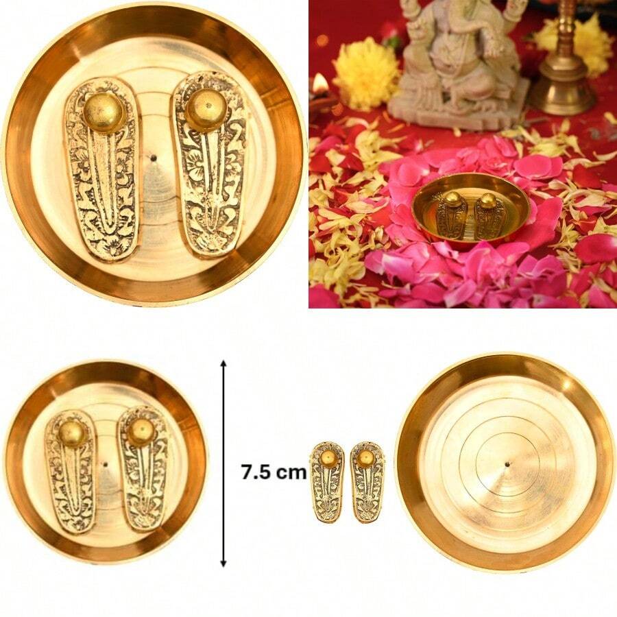 Brass Charan Plate Set For Pooja Ghar Home Temple Mandir Traditional Religious Auspicious Pital Puja Items Décor Decoration And Gifting Charan - 查蘭 - 查看 1