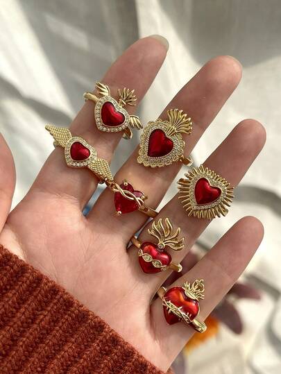 1pc Elegant Luxury Asymmetrical Heart-Shaped Open Ring With Copper Inlaid Synthetic Zirconia Stone, Suitable For Women, Sisters, Couples, Jewelry Gift For Daily Dates, Parties, Festivals, Weddings, Vacations, Red Jewelry