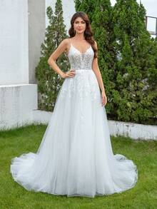 YOUKEFEIER 优雅的V领吊带婚纱，精致的蕾丝紧身胸衣，飘逸的裙摆，尽显新娘的优雅魅力。 - 米色 - 查看 2