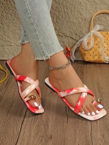 1 Pair Elegant Women's Metal Buckle Criss-Cross Flat Sandals, Comfortable Slip-On Beach Watercolor Print Sandals, Suitable For Elegant Party, Holiday, Fashion, Cute Street, Casual, Bohemian, Outdoor, Wedding, PU Leather - Rose Red - View 3