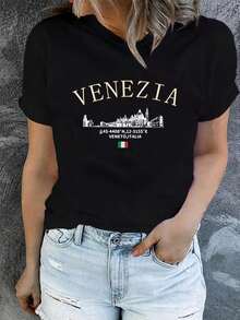1 camiseta con estampado digital divertido Canal, arquitectura, coordenadas, bandera 180g, serie clásica, camiseta de manga corta para mujer, 100% algodón, cuello redondo retro casual - Negro - Ver 1