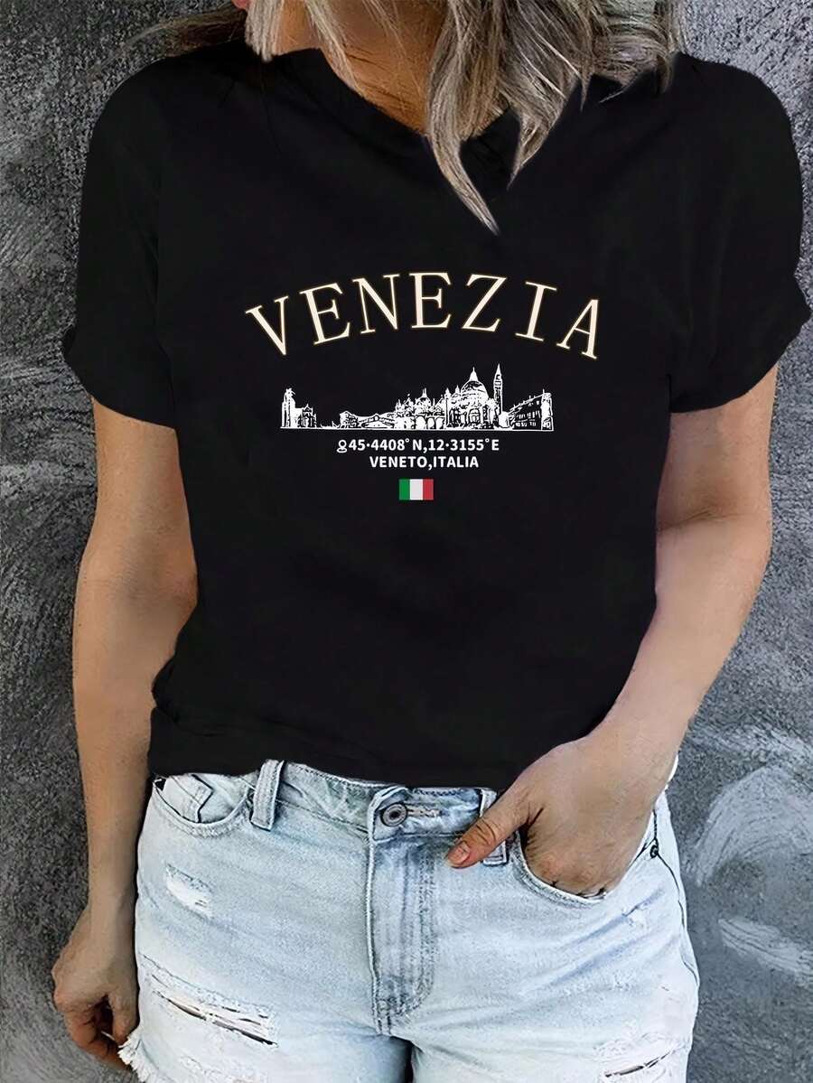 1 camiseta con estampado digital divertido Canal, arquitectura, coordenadas, bandera 180g, serie clásica, camiseta de manga corta para mujer, 100% algodón, cuello redondo retro casual - Negro - Ver 1