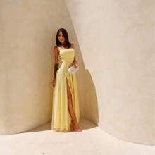 Gabi Dress With Shiny Tulle And Crossed Side Detail - Yellow - View 3