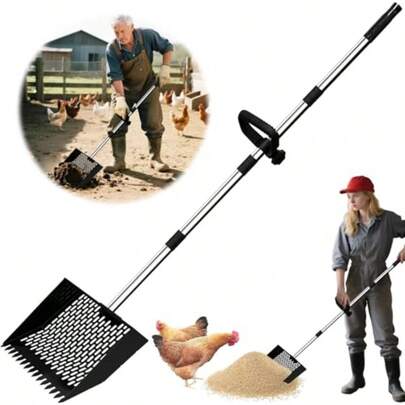 2-In-1 Chicken Poop Scooper And Rake 10" Wide 63" Long Large Metal  Scooper For Sand With Ergonomic Grip Heavy Duty Sifting Shovel Rake For Beach Farm Garden And Yard Waste Black