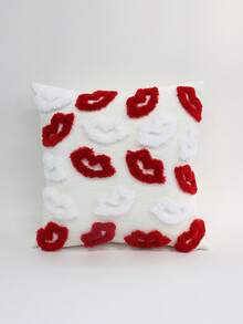 1件红色嘴唇图案毛绒抱枕套，家居装饰靠垫，浪漫沙发枕，情人节装饰枕 - 粉色 - 查看 5