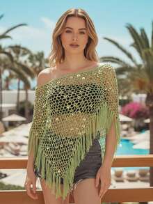 Sequin Crochet Cover Up For Women Hollowed Tassel Off Shoulder Knitted Poncho  Coverup Tops - Màu xanh Bạc hà - Xem 2